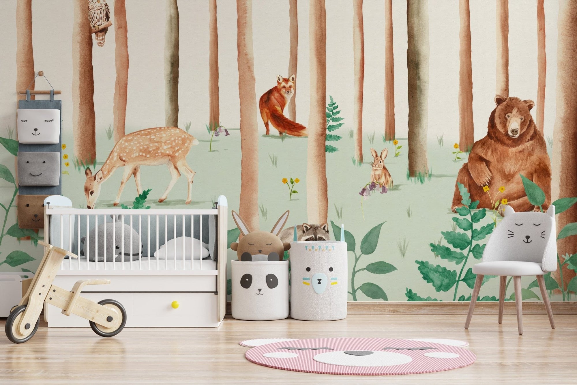 Forest friends wallpaper mural with watercolor woodland animals.