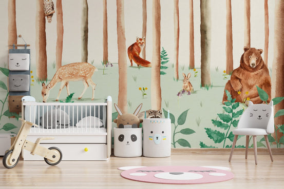 Forest friends wallpaper mural with watercolor woodland animals.