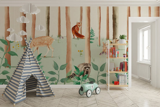Woodland animal wall mural featuring bear, deer and fox.