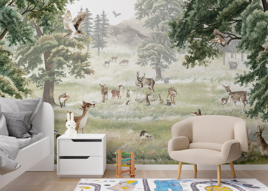 Forest fun wallpaper murals for kids room with watercolor deer and green trees.