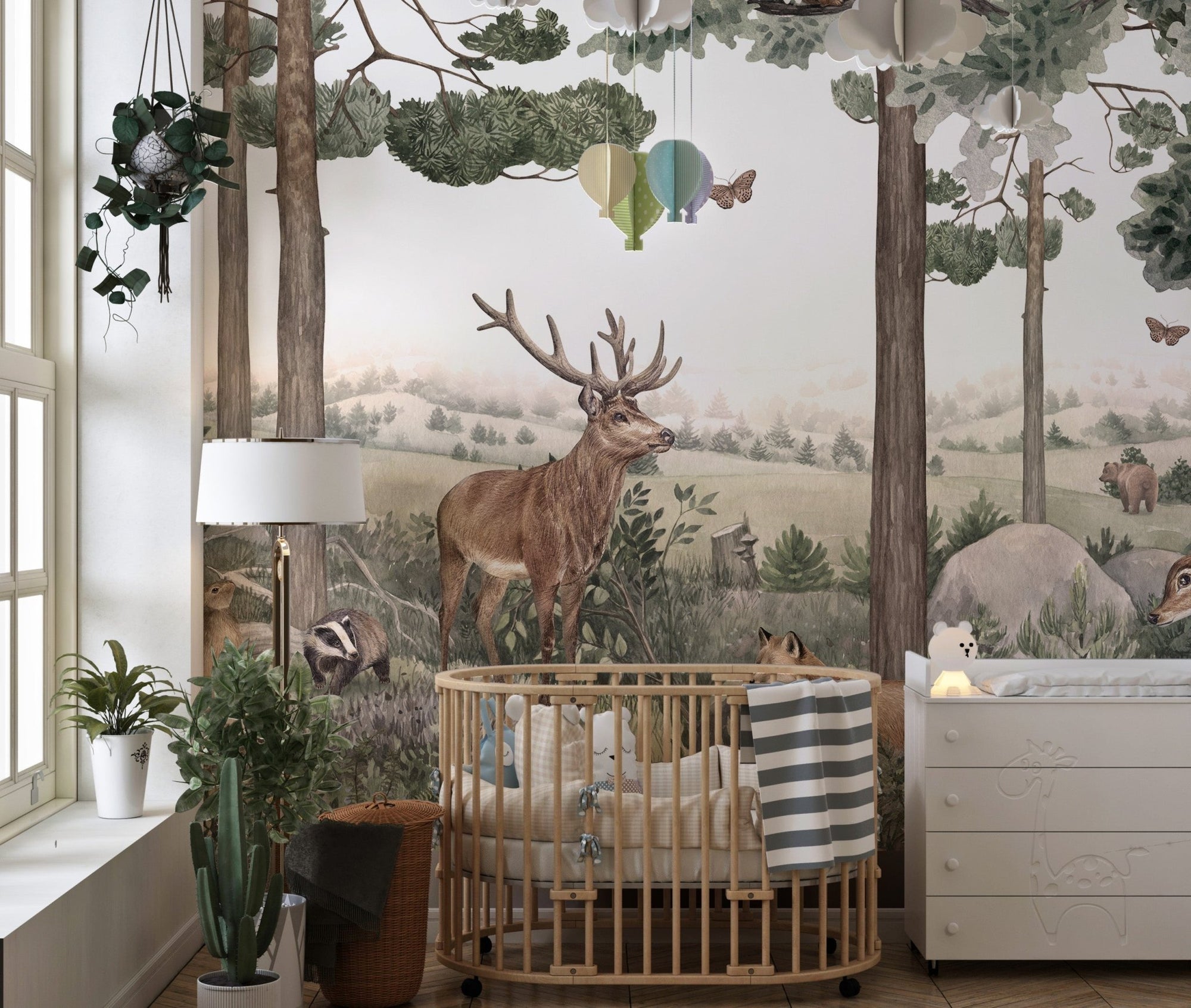 Forest jive stag and deer wallpaper mural with a majestic buck in a misty glade.