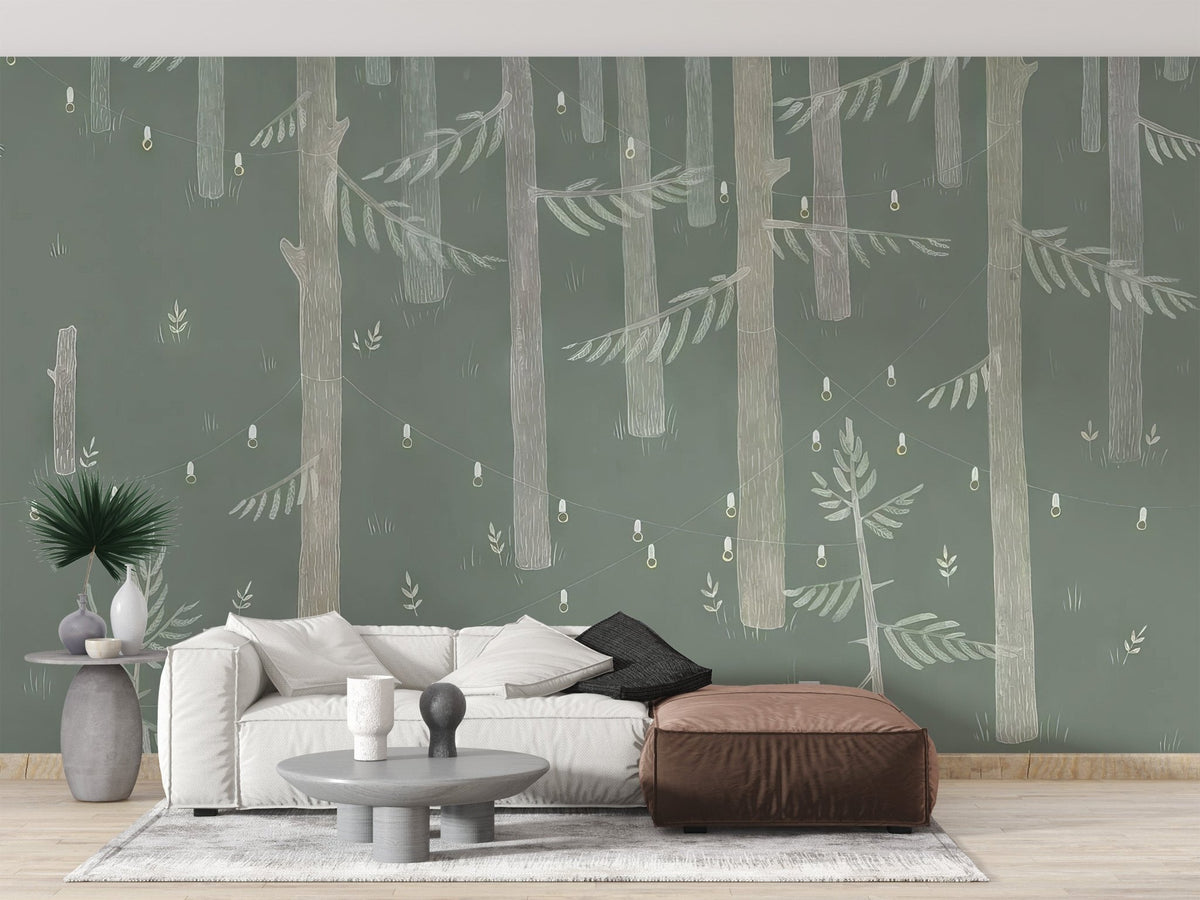 Forest lights wallpaper mural with hand-drawn trees and hanging fairy lights.