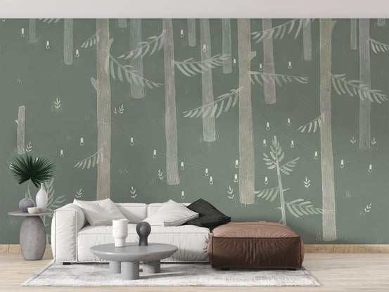 Forest lights wallpaper mural with hand-drawn trees and hanging fairy lights.