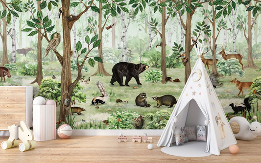 Forest lookbook wallpaper murals with black bear and woodland creatures.
