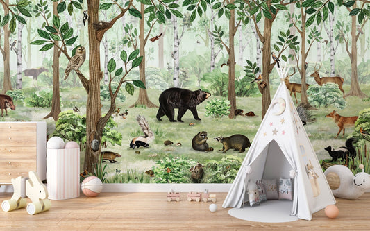 Forest lookbook wallpaper murals with black bear and woodland creatures.