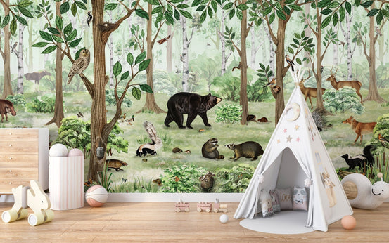 Forest lookbook wallpaper murals with black bear and woodland creatures.