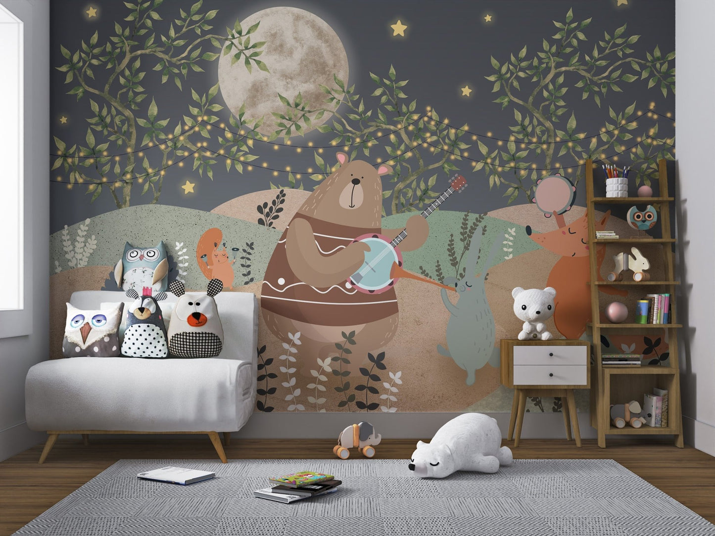 Forest Animal wall mural with twinkling stars, plants, and hanging lights.