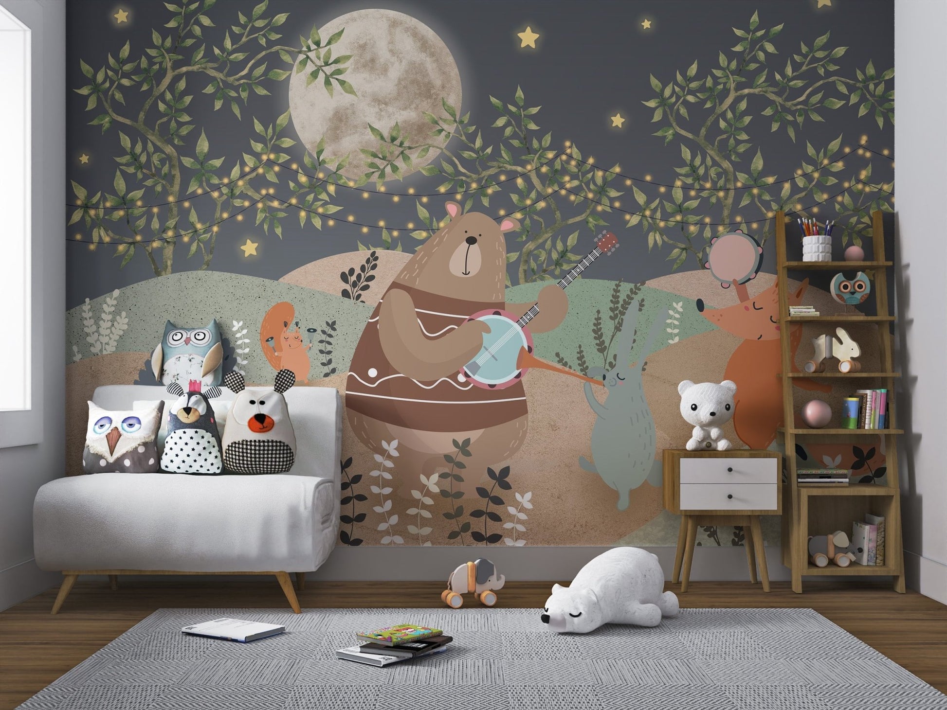 Forest Animal wall mural with twinkling stars, plants, and hanging lights.