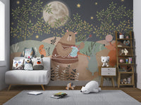 Forest Animal wall mural with twinkling stars, plants, and hanging lights.
