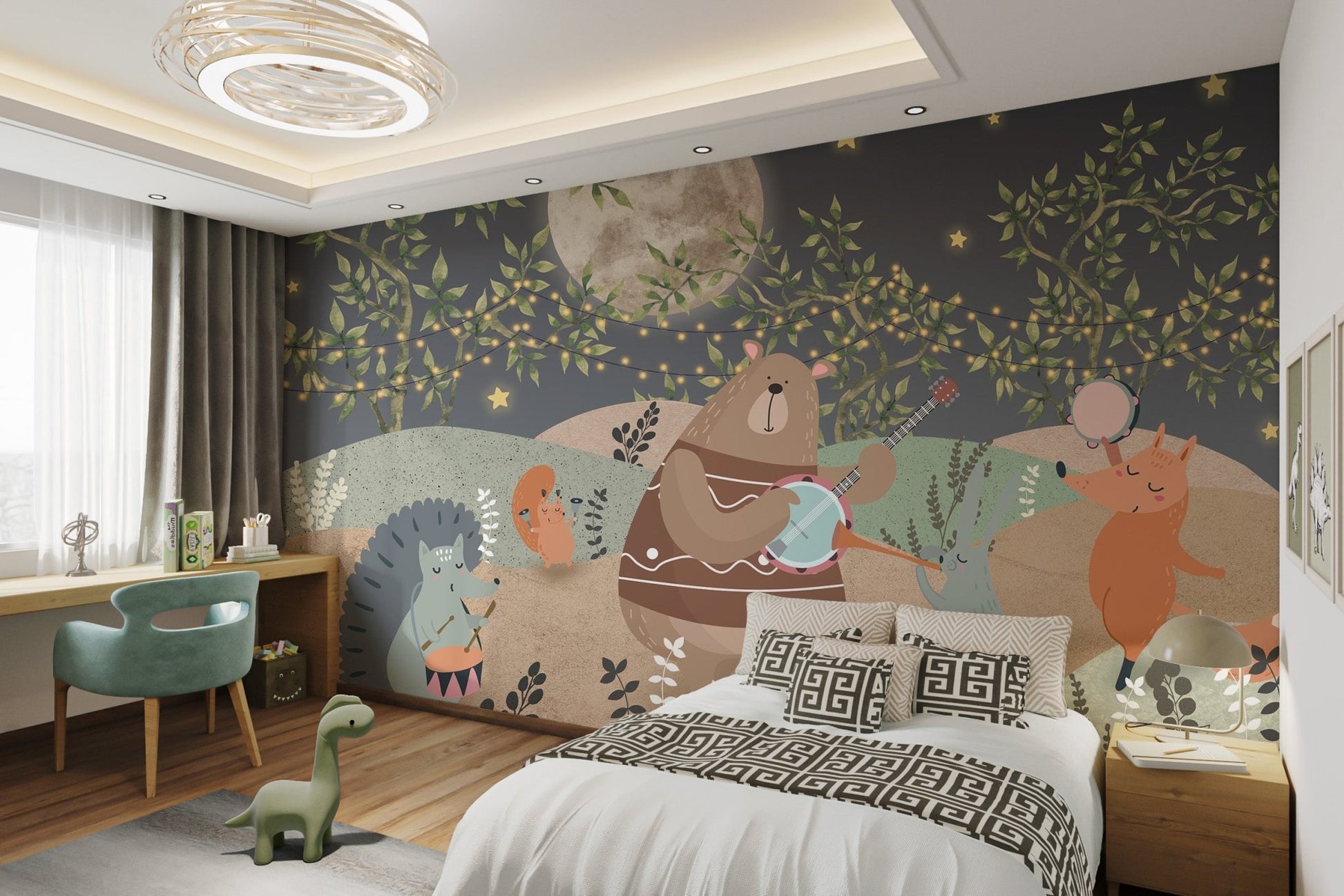 Fox dancing with tambourine on forest wall mural for child's bedroom.