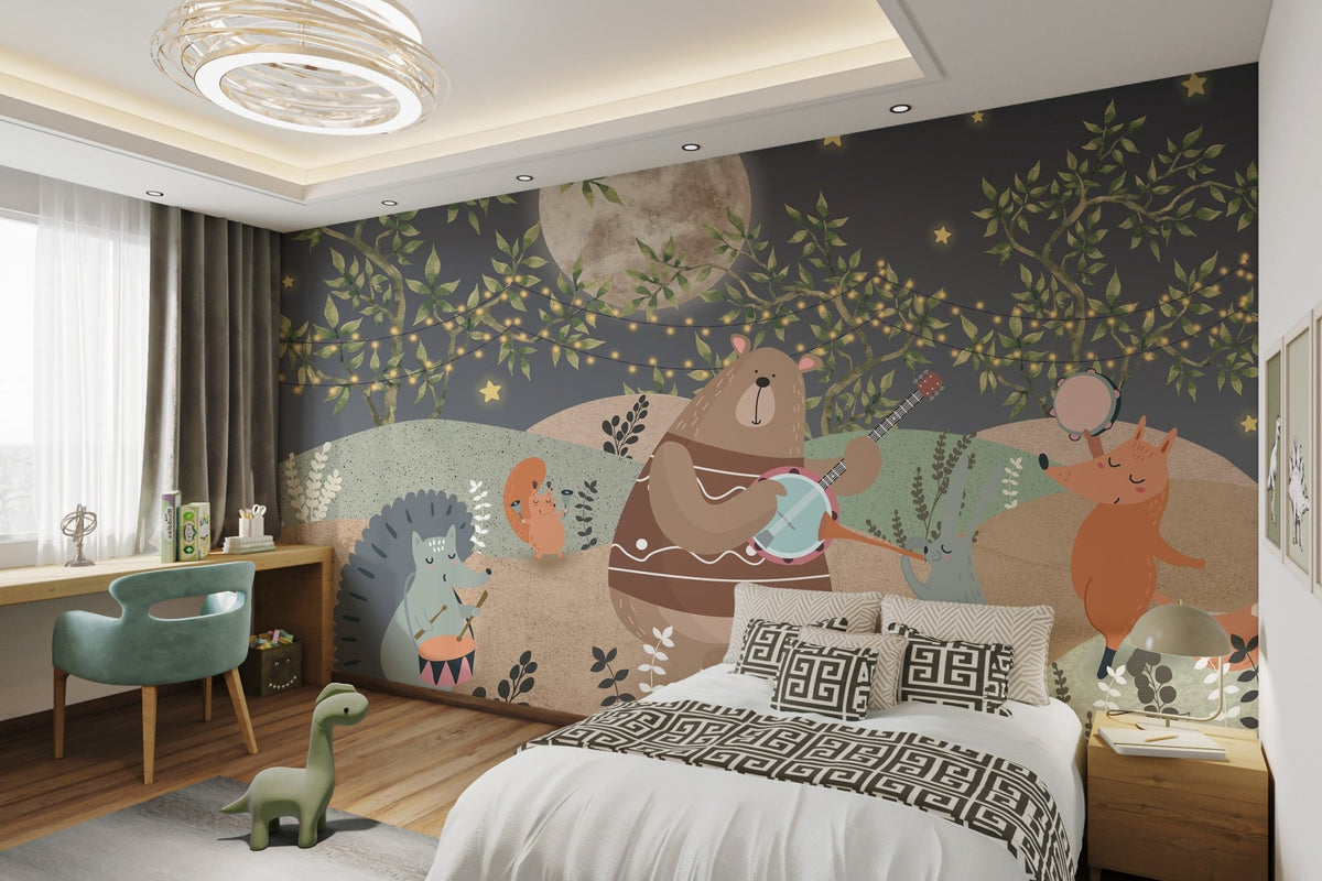 Fox dancing with tambourine on forest wall mural for child's bedroom.