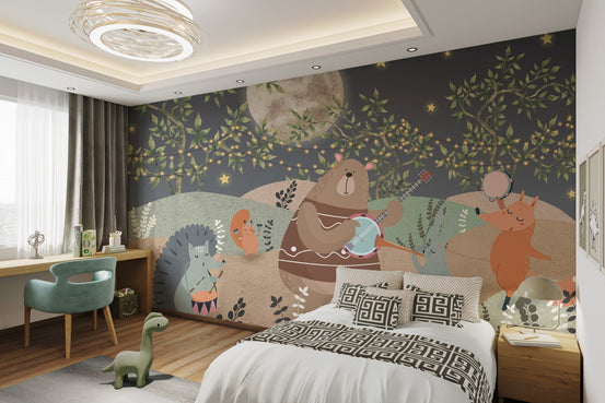 Fox dancing with tambourine on forest wall mural for child's bedroom.