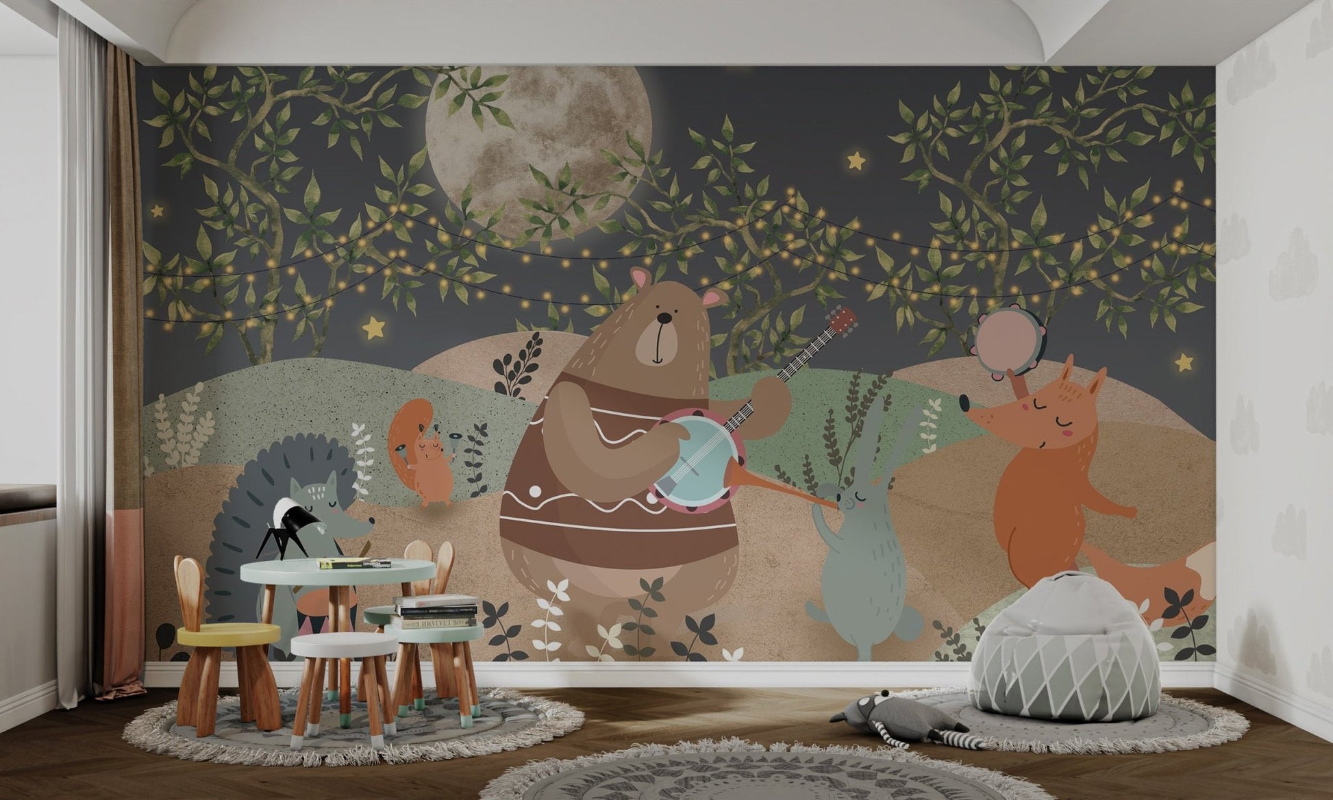 Forest Party Wall Mural with bear playing banjo in study space.