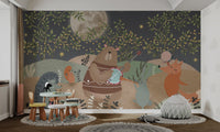 Forest Party Wall Mural with bear playing banjo in study space.