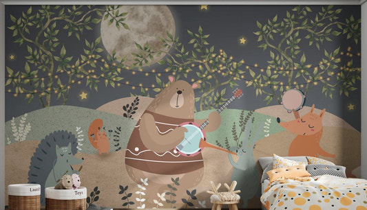 A joyful night mural with animals playing banjo, drums, and tambourine.