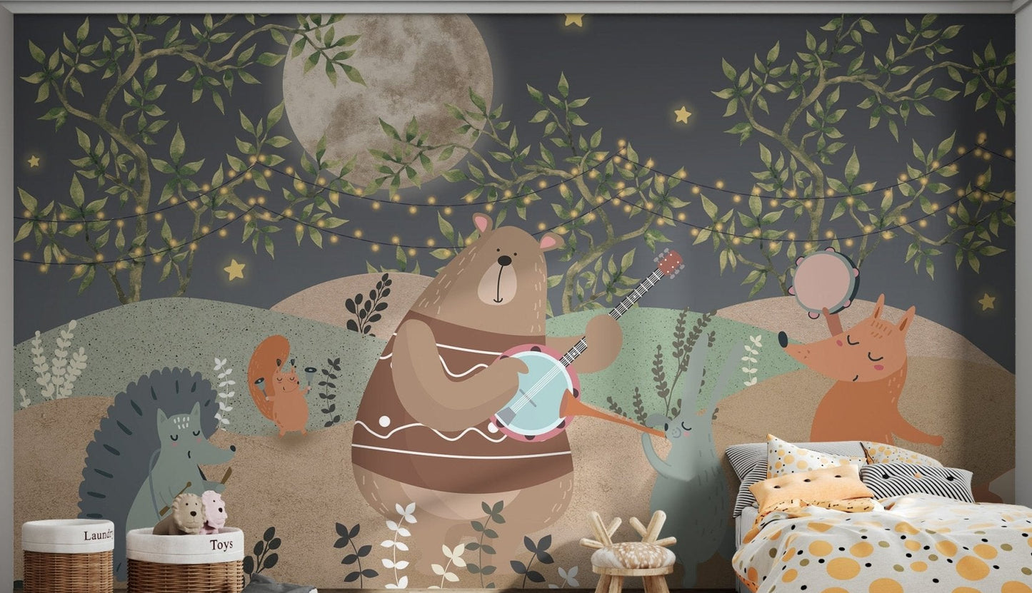 A joyful night mural with animals playing banjo, drums, and tambourine.