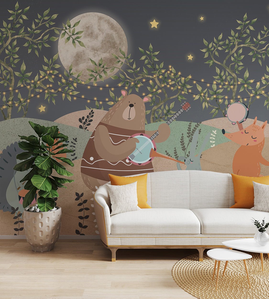 Forest friends mural with glowing string lights in bright seating area.