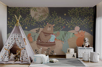 Night forest scene mural featuring animal performing music in playroom.