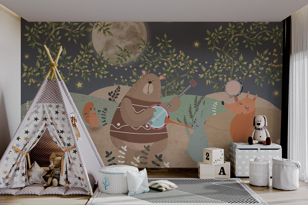 Night forest scene mural featuring animal performing music in playroom.