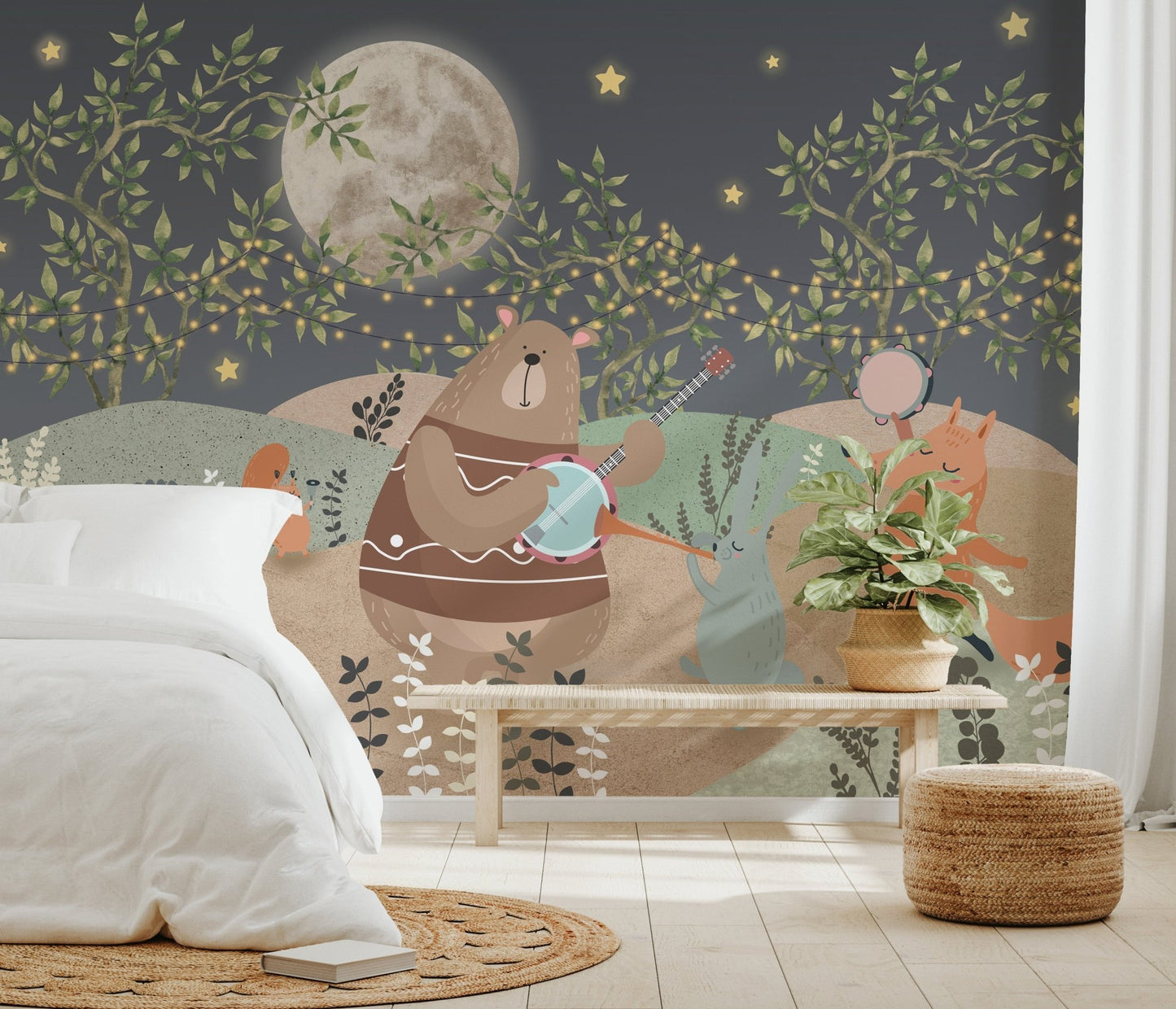 Enchanting night party mural with woodland animals playing instruments.