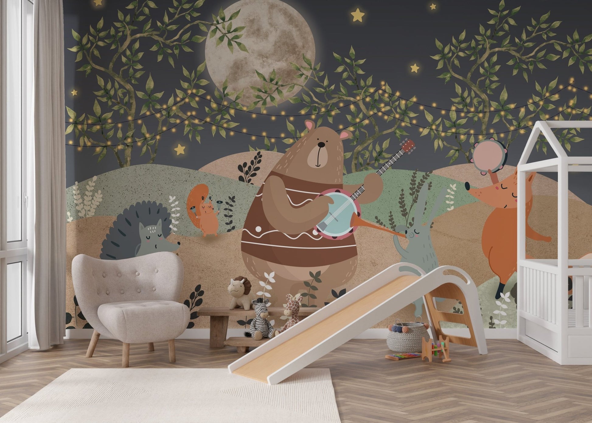 Forest animals mural with music beneath twinkling star and moon.