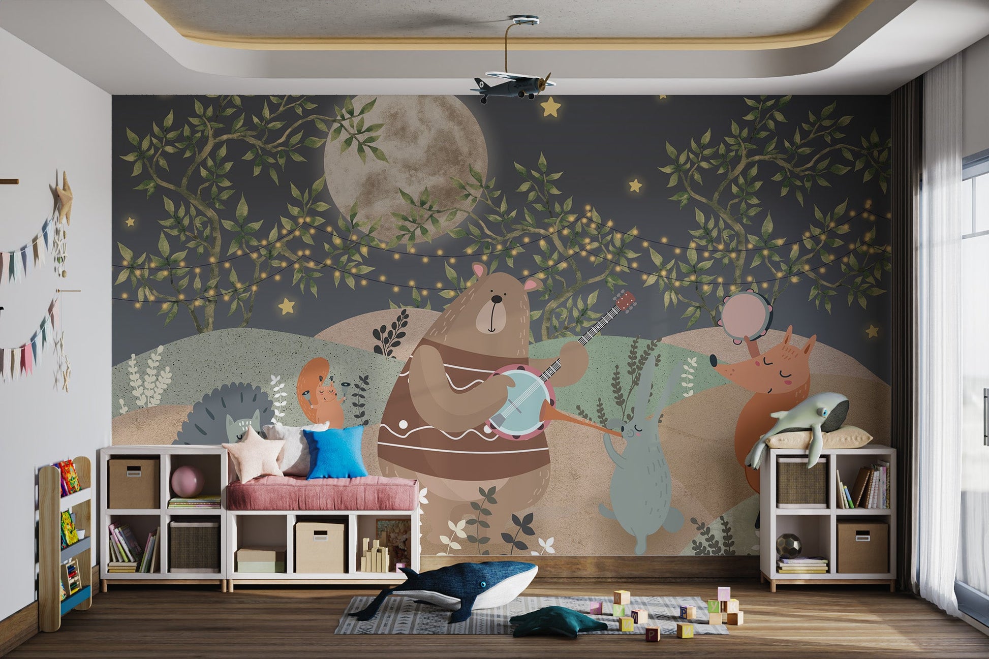 Hedgehog playing drum on Forest Party Wall Mural for kids play room.