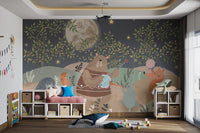 Hedgehog playing drum on Forest Party Wall Mural for kids play room.
