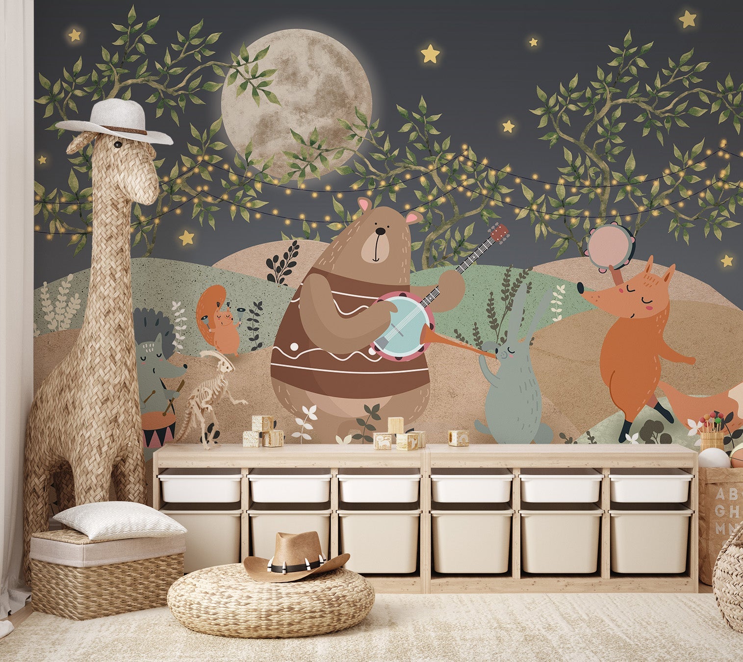 Earth tone forest animal illustration wall mural for nursery interior.