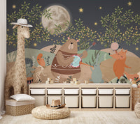 Earth tone forest animal illustration wall mural for nursery interior.