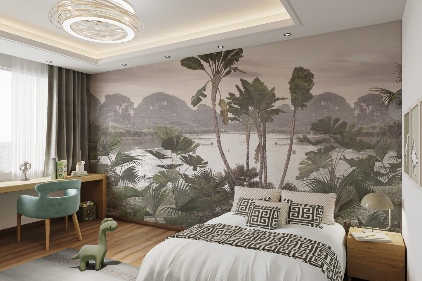 Tan and green palm tree mural for bedroom walls.