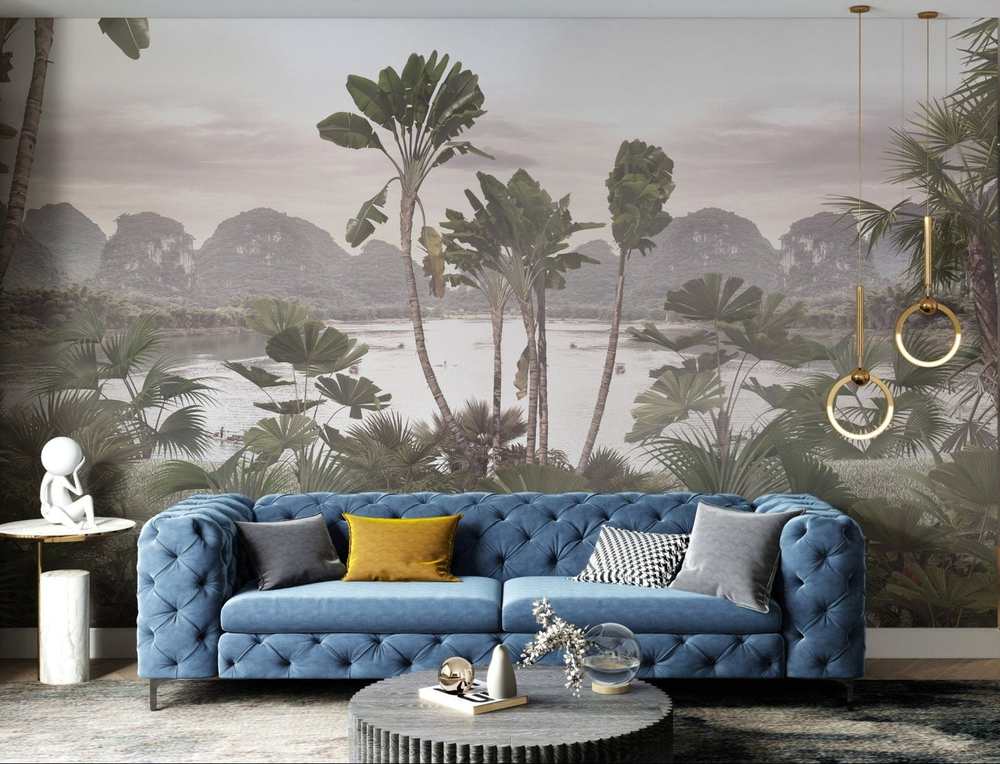 Serene green tropical mural with mountain view in modern hallway.