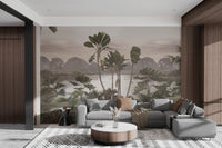 Sage green forest landscape wall mural for residential flats.