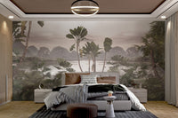 Tranquil landscape mural with tropical plants in master bedroom.