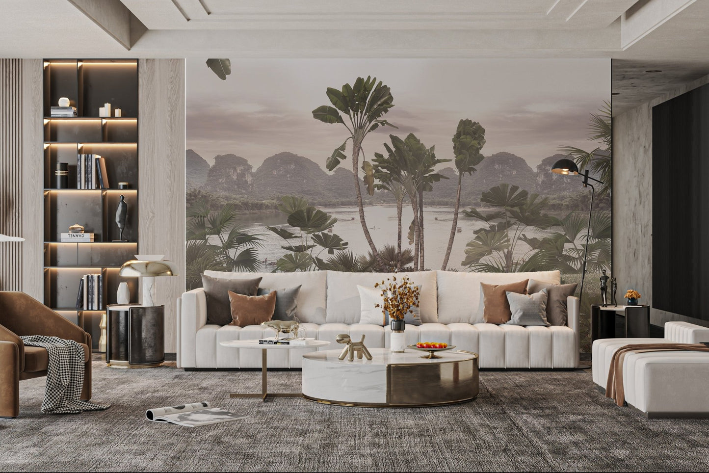 Earthy green tropical wall mural with mountain view in living space.