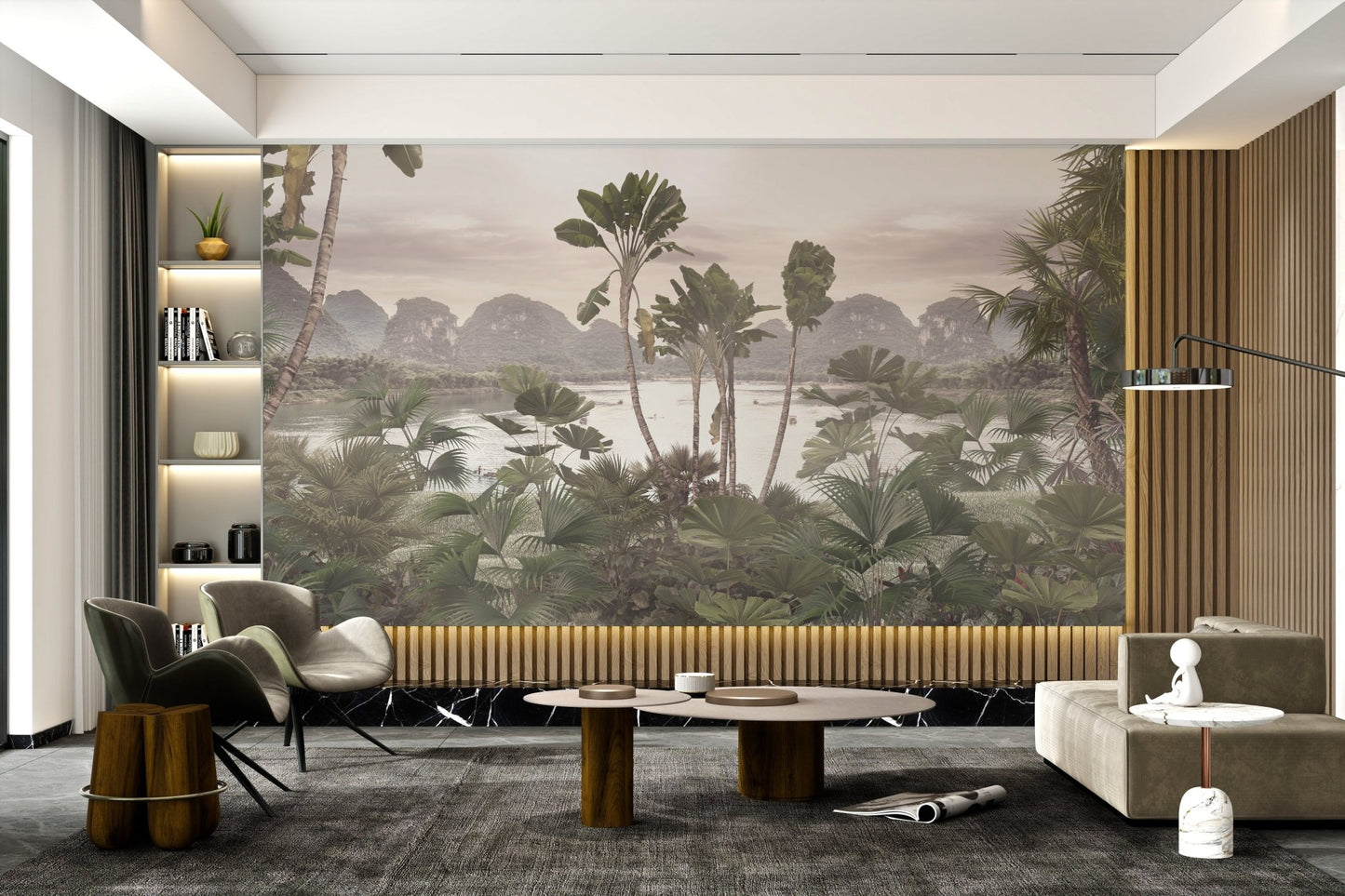 Tropical landscape wall mural with palm trees in living room.