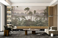 Tropical landscape wall mural with palm trees in living room.