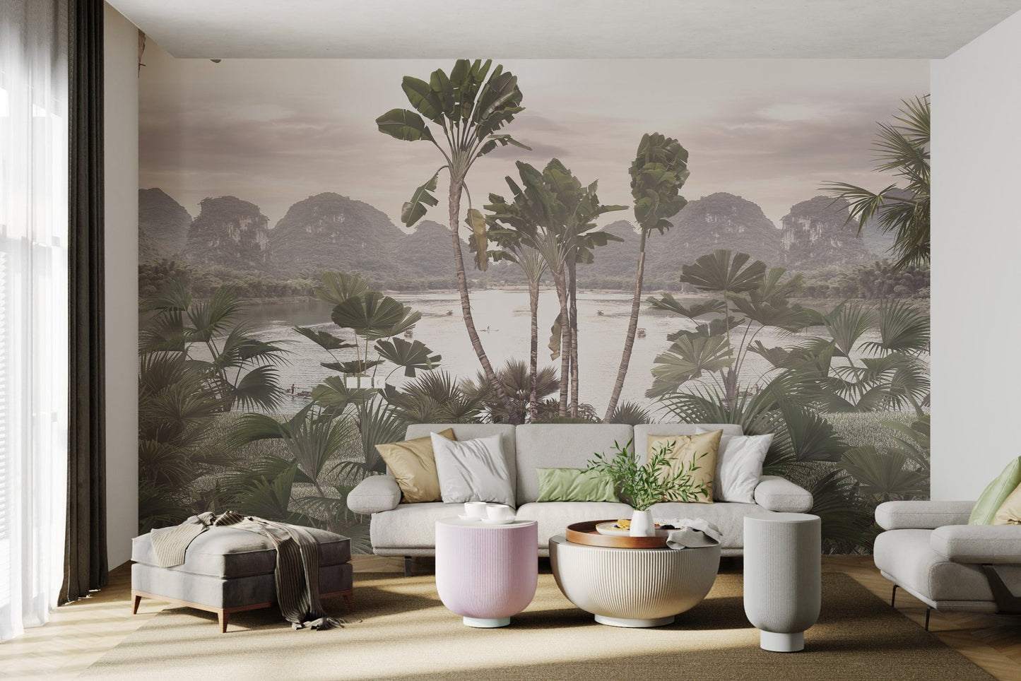 Nature-inspired wall mural with mountains and lake for sunlit living area.