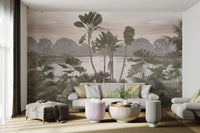 Nature-inspired wall mural with mountains and lake for sunlit living area.