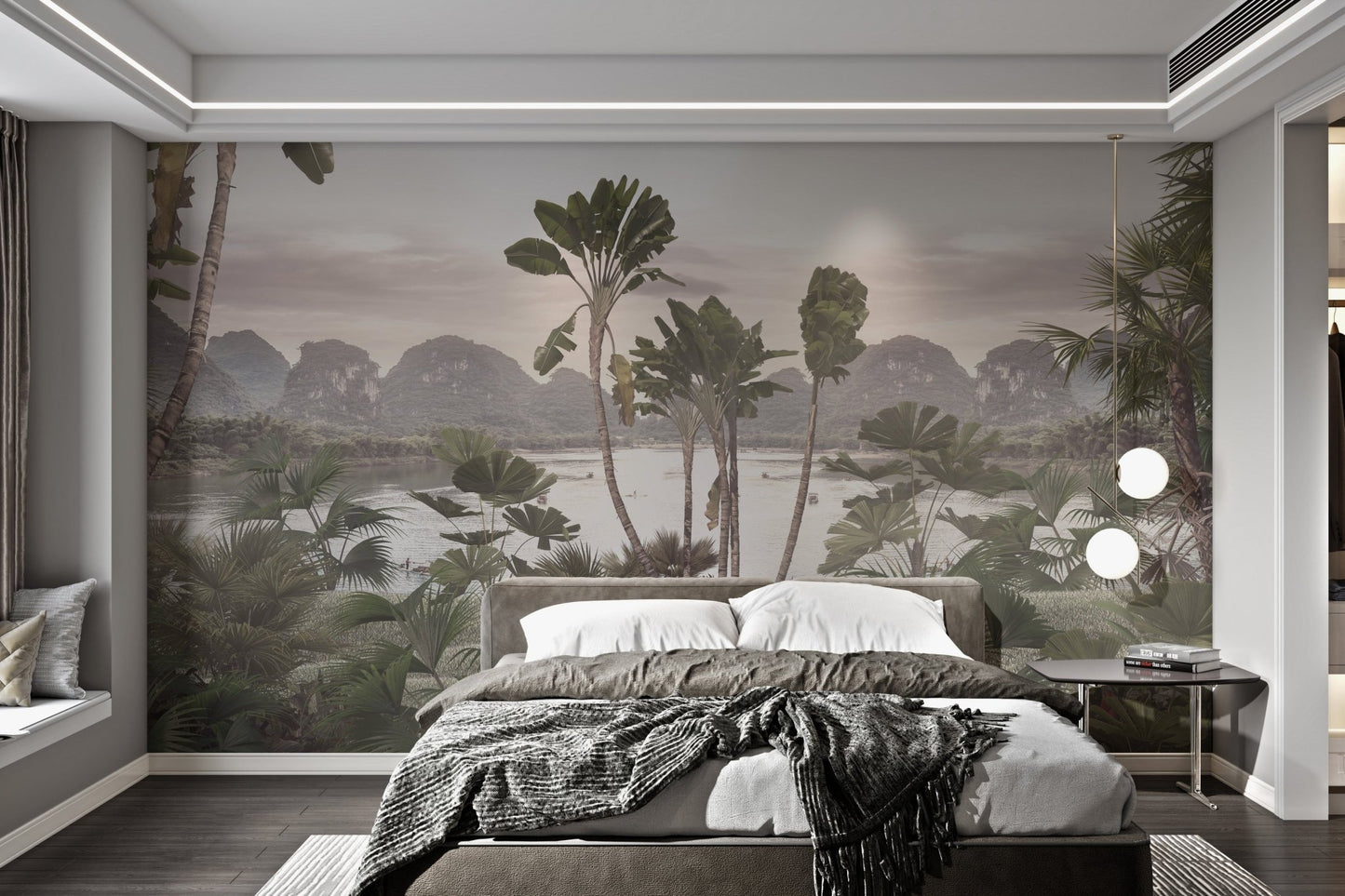 Palm trees with mountain backdrop wall mural in bright bedroom.