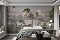 Palm trees with mountain backdrop wall mural in bright bedroom.