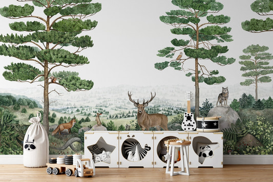 Forest wildlife scene peel and stick wallpaper with deer and pine trees.