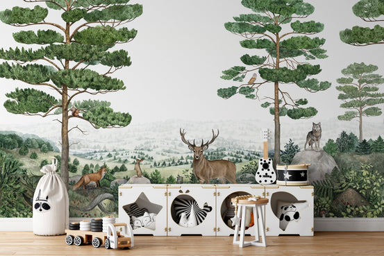 Forest wildlife scene peel and stick wallpaper with deer and pine trees.