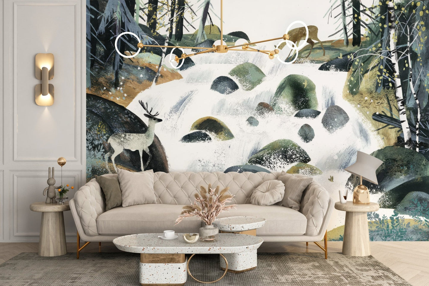 Minimal forest scene wallpaper with flowing water and stag wall mural.