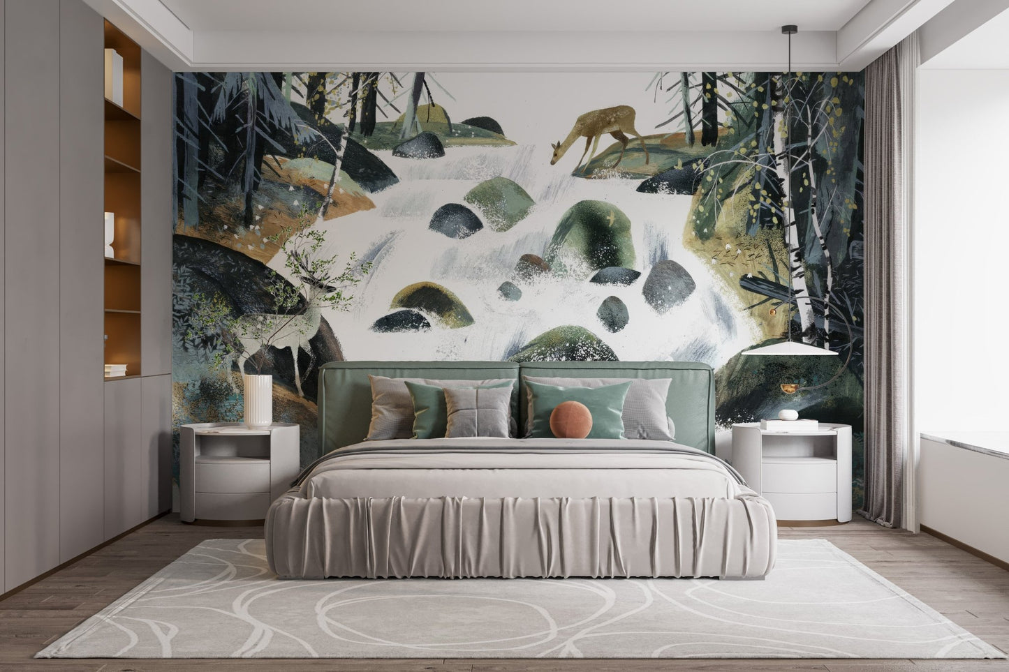 Watercolor forest waterfall wallpaper with deer and mossy rocks wall mural.
