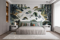 Watercolor forest waterfall wallpaper with deer and mossy rocks wall mural.