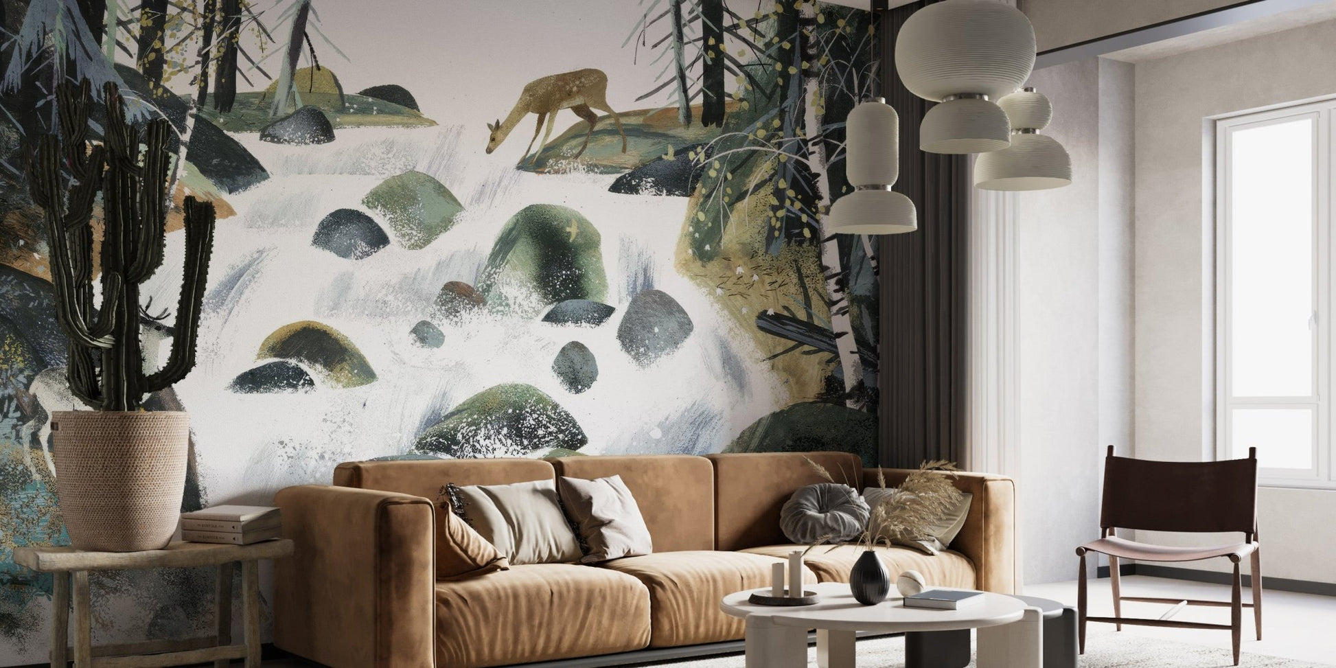 Artistic woodland waterfall wallpaper featuring grazing deer wall mural.