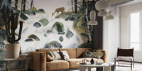 Artistic woodland waterfall wallpaper featuring grazing deer wall mural.