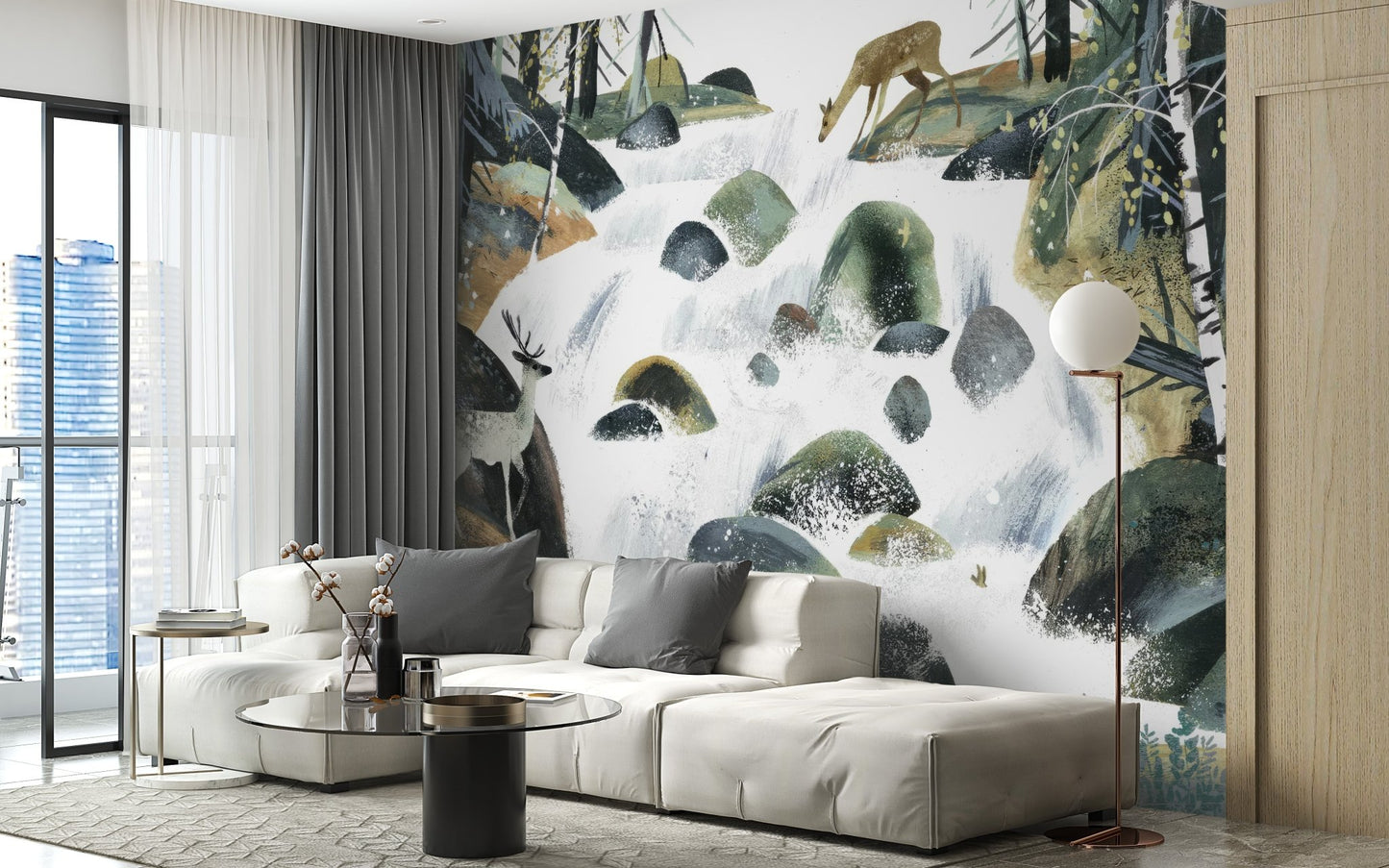 Forest waterfall deer wall mural with flowing stream wallpaper.