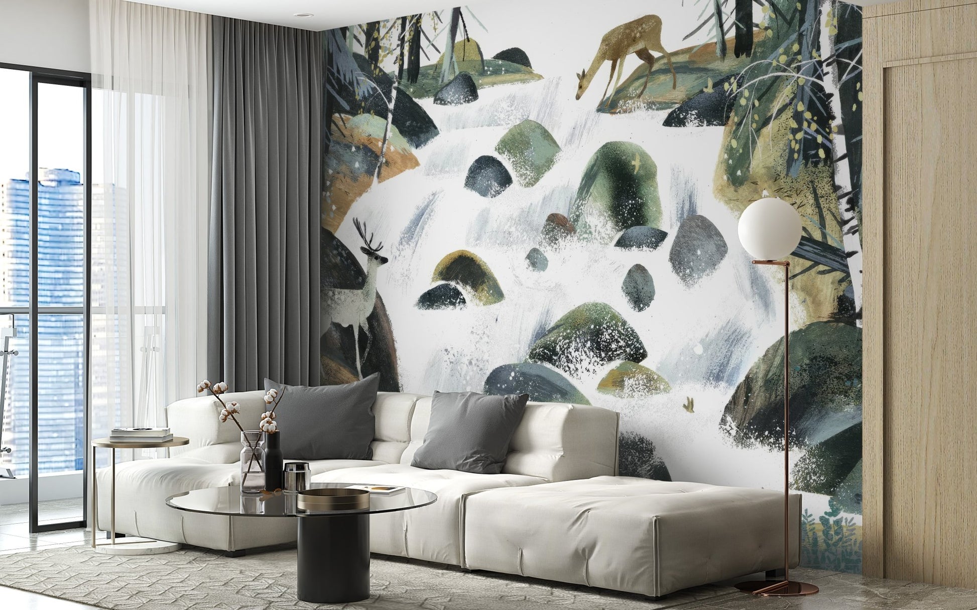 Forest waterfall deer wall mural with flowing stream wallpaper.