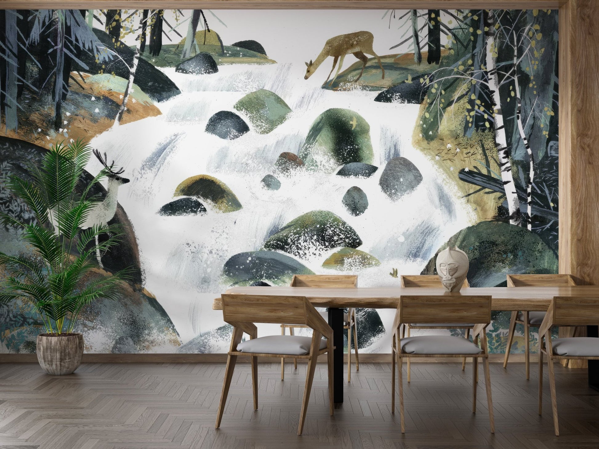 Contemporary forest landscape wall mural in soft green color wallpaper.